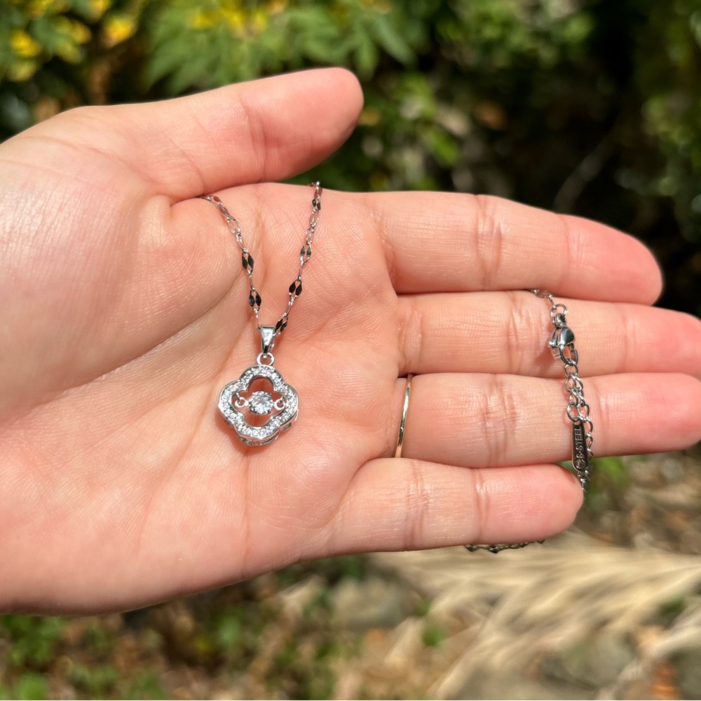 18K White Gold Plated Stainless Steel Diamond Clover Necklace